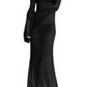 Saodimallsu Women's Crochet Cover Ups Long Sleeve Sexy Mesh Backless Knit Swimsuit Coverup Beach Maxi Dress Black S