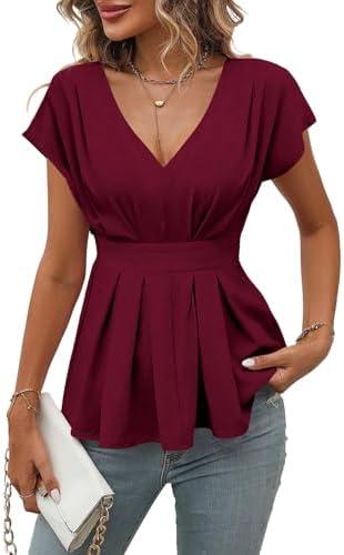 SweatyRocks Women's Summer V Neck Fold Pleated Ruffle Hem Blouse Peplum Top, Size: Small