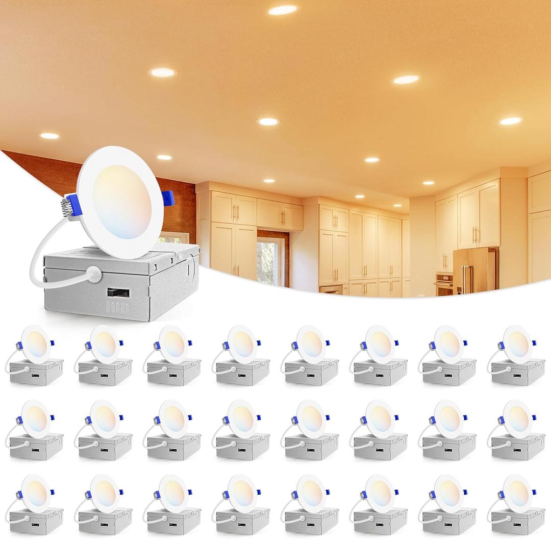 VOLISUN 24 Pack 3 inch Recessed Lighting, 5CCT LED Recessed Light with Junction Box, 2700K-5000K Selectable, Dimmable Canless Wafer Downlight, LED Ceiling Light ETL Certificated (White)