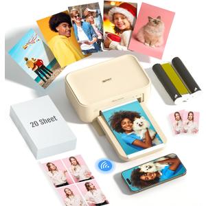 iDPRT 46 Photo Printer, Portable Color Picture Printer, Thermal Sublimation Mini Picture Printer, Bundle 20 Sheets Photo Paper & 1 Ribbon Cassette, Photo Printer for iPhone & Android (Beige)