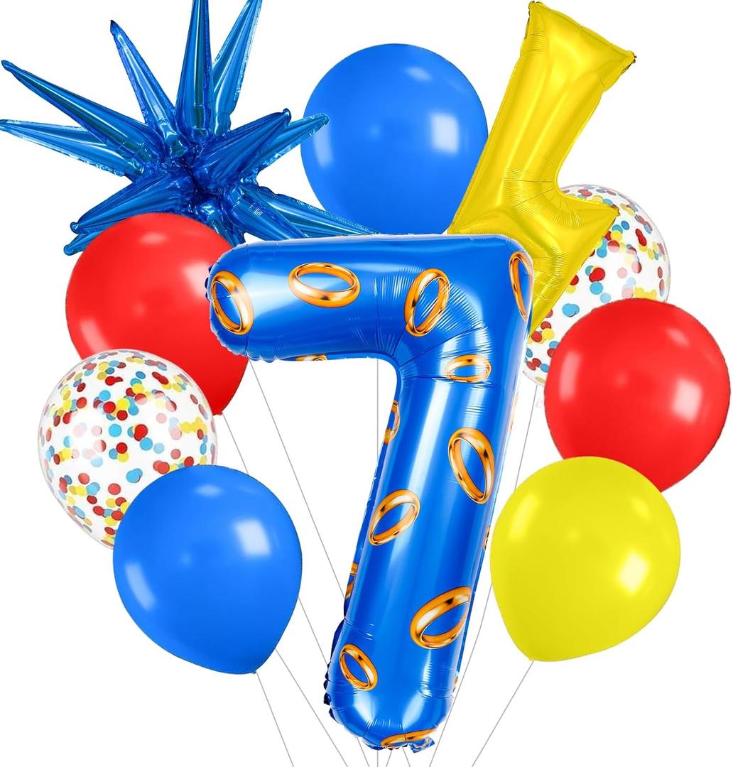 40-inch Red, Blue and Yellow Number large Balloons with Exploding Stars and Lightning, Cartoon Hedgehog Birthday Decorations, Video Game Themed Balloons for Boys Birthday Party (Number 7)