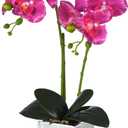 Artificial Potted Orchid Faux Phalaenopsis Silk Flowers Bonsai Realistic Arrangement in Silver Vase for Home Decoration Table Centerpiece, Purple