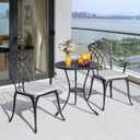 NUU GARDEN 3 Piece Bistro Table Set Cast Aluminum Outdoor Patio Furniture with Umbrella Hole and Grey Cushions for Patio Balcony, Black