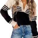 CiCiBird Women Fall V Neck Sweater Color Block Polo Long Sleeve Shirt Casual Loose Striped Pullover Sweaters Apricot Black XL