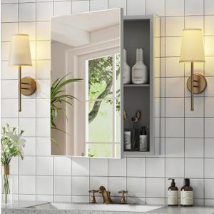 Bathroom Medicine Cabinet with Mirror, 14x18 Recessed or Wall Mirror Medicine Cabinet with Storage Adjustable Glass Shelves, Beveled Edge Mirrored Door with Aluminum Cabinet Hinges