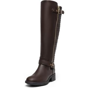 DREAM PAIRS Women's Knee High Boots Low Block Heel Riding Boots Round Toe Side Zipper Biker Motorcycle Buckle Boots (8, Brown)