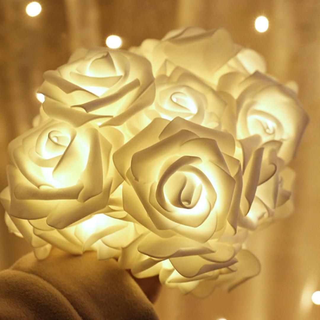 Rose LED String Lights, 14.7 ft 30 LED String Lights Battery Operated Lights Bright Warm Rose Flower Lamp Fairy Light for Valentine's Wedding Gardens Party Christmas Decoration (White)