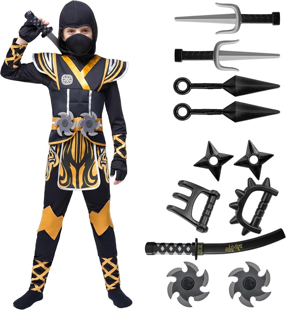 Spooktacular Creations Kids Ninja Costume, Child Boy Ninja Outfit Set, Halloween Costume for Toddler Themed Dress Up Party (Medium (8-10yr), Golden)
