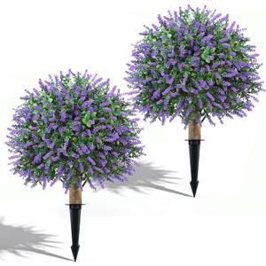 2 x 24" Artificial Lavender Boxwood Topiary Ball Trees, 2 Pack UV Resistant Fake Bushes Plants for Outdoor, Faux Shrub with Ground Spike for Indoor Front Porch Garden