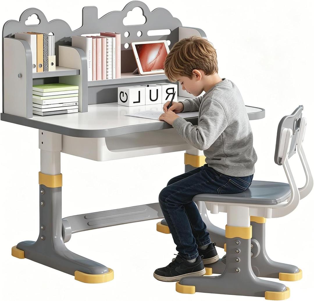Kids Study Desk and Chair Set 3-12 - Height Adjustable Children Study Table | Ergonomic Chair | Widened Desktop | School Study Writing Art Desk with Bookstand and Storage Drawer for Boy & Girl (Grey)