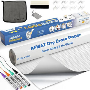 AFMAT WS01 White Board Sticker, Dry Eraser Paper for Wall, Upgrade PET-No Ghost, 1.45 x 11 ft, Stain-Proof Peel and Stick Film Self Adhesive Wall Paper Roll for Classroom/Office, 4 Dry Erase Markers