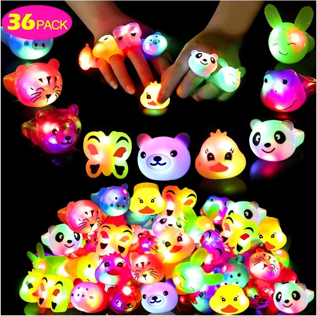 36 Pack Light Up Rings Glow in The Dark Party Supplies, Light up Party Favors, Goodie Bag Stuffers, Birthday Valentines Party Favors Classroom Prizes Cute Animal Treasure Box for Kids