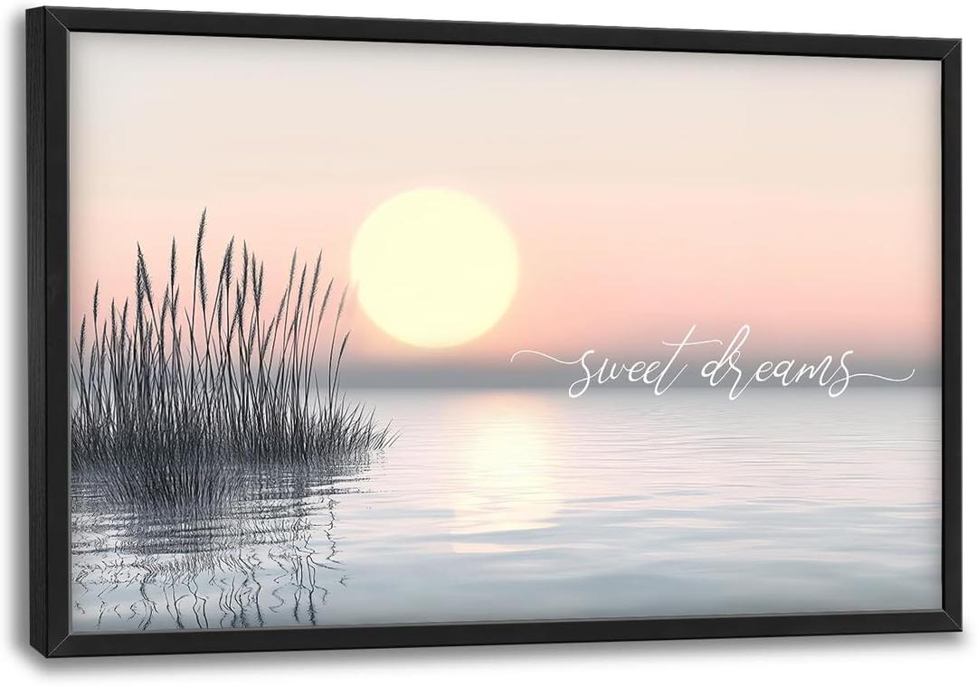 Lake Sunset Wall Art Sweet Dreams Sign Pictures Wall Decor Boho Coastal Canvas Prints Large Minimal Modern Landscape Painting Framed Artwork Home Decoration for Bedroom Living Room 36"x24"