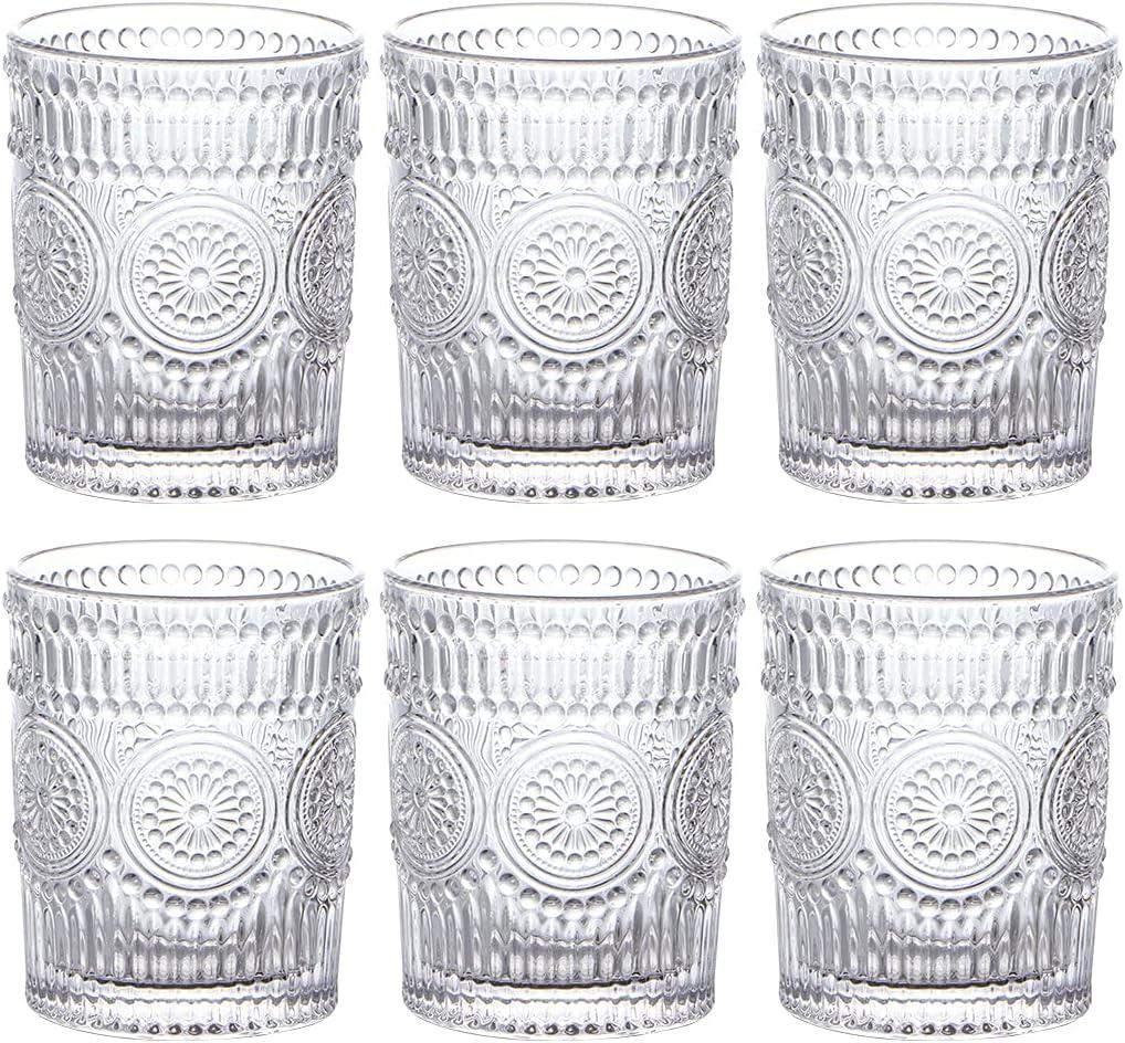 MDLUU 6-Pack Embossed Drinking Glasses, Romantic Glassware, Vintage Glass Tumblers for Juice, Beverages, Cocktail, Capacity 9oz/265ml (clear(6pcs/9oz))