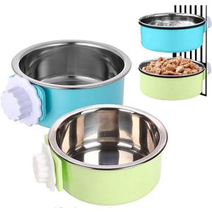 Tfwadmx Crate Dog Bowl Cat Removable Stainless Steel Food and Water Feeder Hanging Cage Bowls Coop Cup with Cleaning Set for Pet Puppy Bird Rat Guinea Pig Ferret Bunny Rabbit 2Pcs