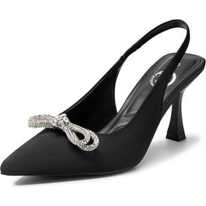 Trary Slingback Heels for Women - Pointed Toe Pumps, Comfortable & Stylish for Parties & Work - 3.2inch High Heels, Rhinestone & Glitter Dressy Shoes (7, Silk Black)