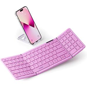 seenda Folding Keyboard with Number Pad, Portable Foldable Bluetooth Keyboard for Travel, Full-Size Rechargeable Keyboard for Laptop Tablet PC Smartphone Windows iOS Android Pink