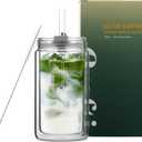 Crafti Slow Sippin' Glass Tumbler with Straw & Lid 11.8oz / 350ml Double-Walled Glass Coffee Cup, Matcha Cup with Volume Markings, Tritan Straw & Cleaner Reusable, BPA-Free Iced Coffee Tumbler