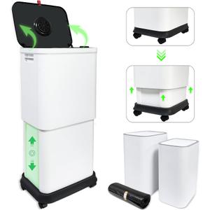 Gintan 13 Gallon Trash Can with Lid, 25-45 L Altitude Variable Bin, Garbage Can with Wheels for Kitchen, Bathroom, Bedroom, Office, Two Space-Saving Small Waste Bin and Garbage Bag (Big White)