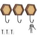 Fiwochic 3 Pcs Rustic Rattan Coat Hooks, Decorative Wall Mounted Wood Frame Wall Hook, Boho Farmhouse Hexagon Coat Rack Metal Holder Hanger for Entryway Bathroom Home Decor(Classic Style)