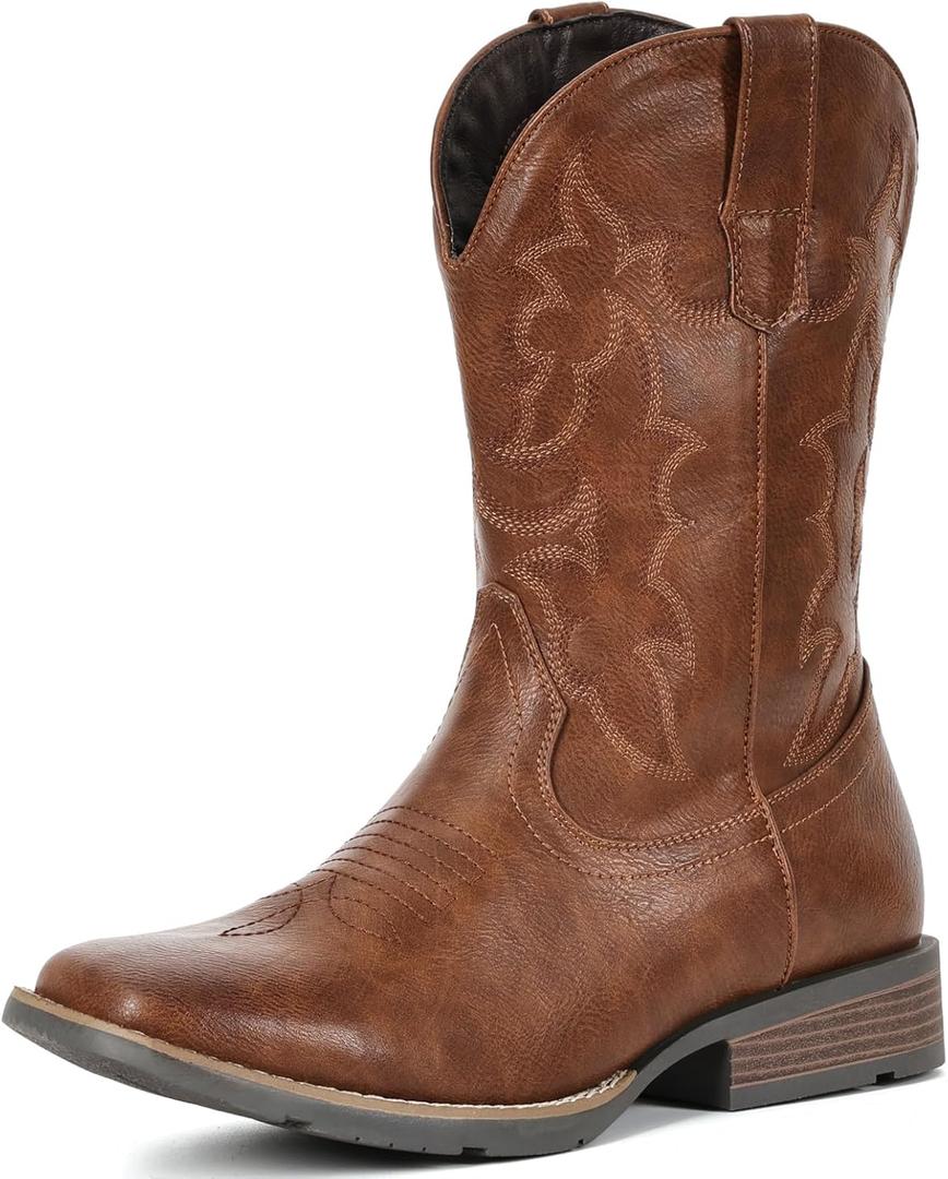 IUV Cowboy Boots For Men Square Toe Western Boot Durable Retro Classic Embroidered Pull On Boot Slip Resistant Country Boots, 10.5