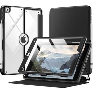 MoKo Case for iPad 9th Generation with Pencil Holder, iPad 8th/7th Gen Case 10.2-inch, Built-in Screen Protector Clear Back, Stain Resistant Multi Angle Viewing Stand, Auto Wake/Sleep, Black