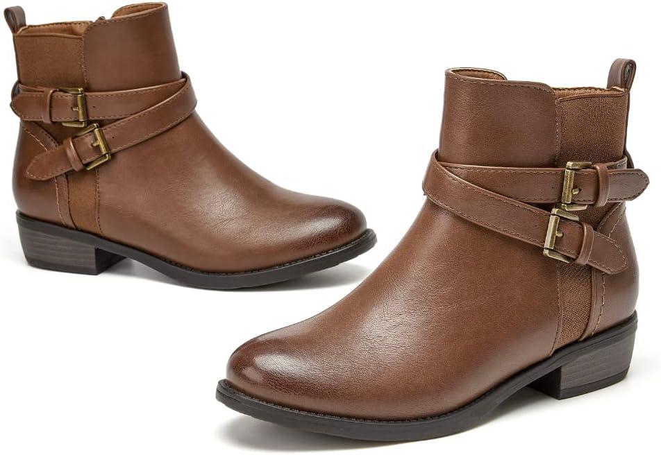 VJH confort Women's Ankle Boots,Round Toe Low Heel Comfort Elastic Booties with Side Zipper Buckle Strap (12, Brown)