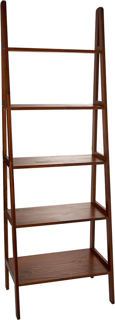 Casual Home 100% Solid Wood 5-Shelf Ladder Bookcase, 24.75"W x 16"D x 72"H, Warm Brown, 5-Tier Freestanding Ladder Shelf