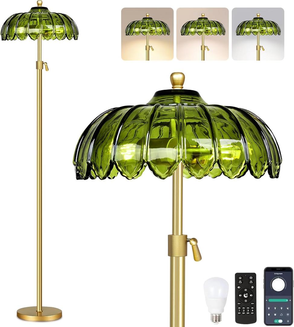 Gold Floor Lamps for Living Room Vintage Floor Lamp with Remote Control & Glass Lampshape,Mid Century Modern Standing Lamp with 3 Color Temperature Brass Flower Tall Floor Lamp for Bedroom Corner (11.8inch, Green)