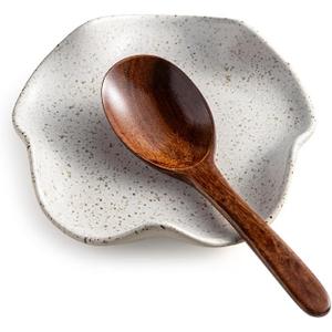 Spoon Rest for Kitchen Counter, 5.3" Ceramic Spoon Holder for Stove Top, Cute Coffee Spoon Rest, Modern Kitchen Spoon Holder for Multiple Utensils, Farmhouse Home DCor, Housewarming Gift (Beige with Spots)