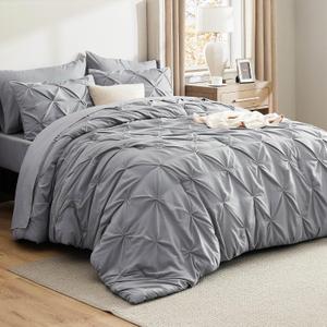 Bedsure California King Comforter Set Grey - Bed in a Bag Cal King Bedding Set 7 Pieces, GentleSoft Pintuck Bed Set Gift for Family, Pinch Pleat Grey Comforter with Sheets, Pillowcases & Shams