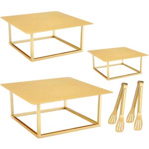 3 Pcs Square Gold Cake Stand Set, 8" 10" 12" Elegant Wedding Cake Stands & Dessert Table Display - Perfect for Birthday, Wedding Reception & Party Decor - Includes 2 Gold Tongs (Metal)