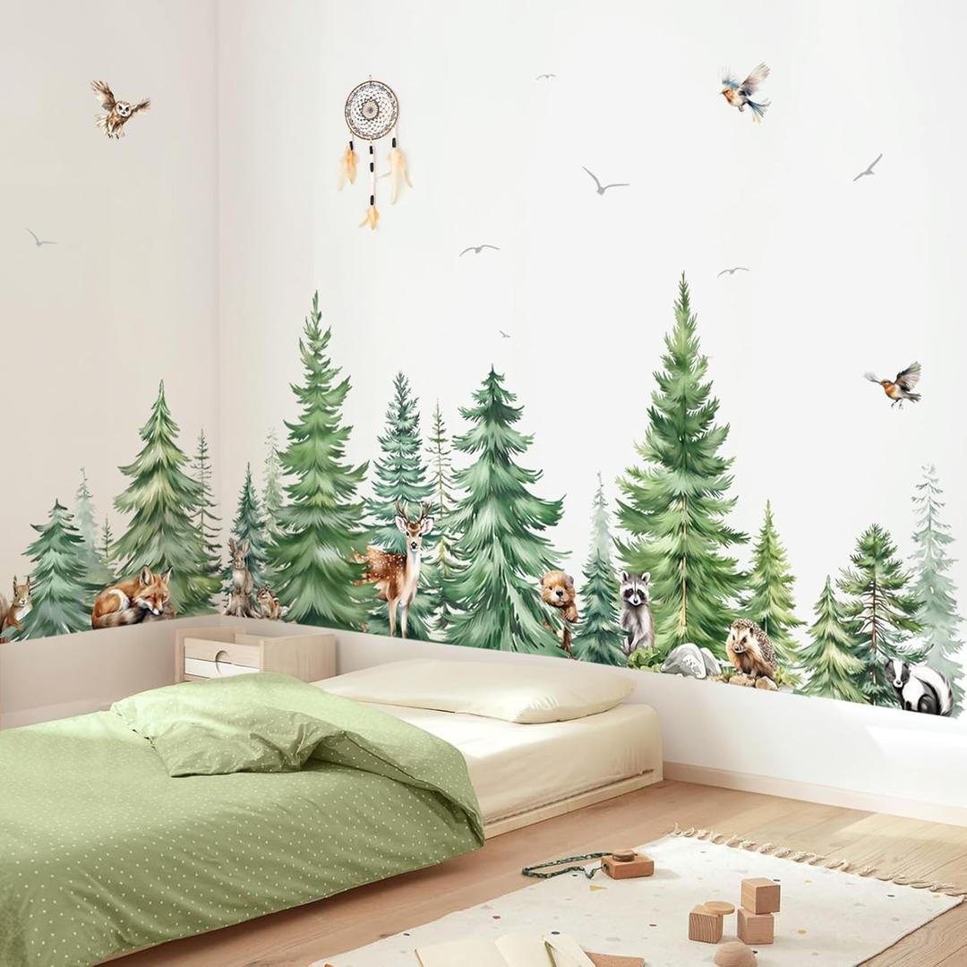 decalmile Large Watercolor Pine Tree Animals Wall Stickers Woodland Forest Tree Fox Deer Bear Wall Decals Baby Nursery Bedroom Living Room Wall Decor