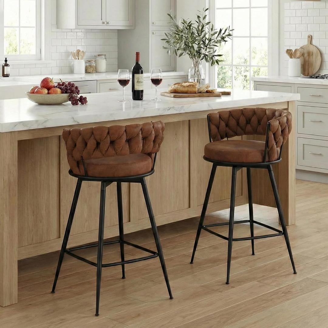 YOUNUOKE 360 Swivel Bar Stools Set of 2, 28 inch Seat Height Barstools with Woven Low Back, Metal Straight Legs with Footrest, Fabric Bar Stool for Kitchen Island, Bar & Pub (2 PCS, Light Brown)