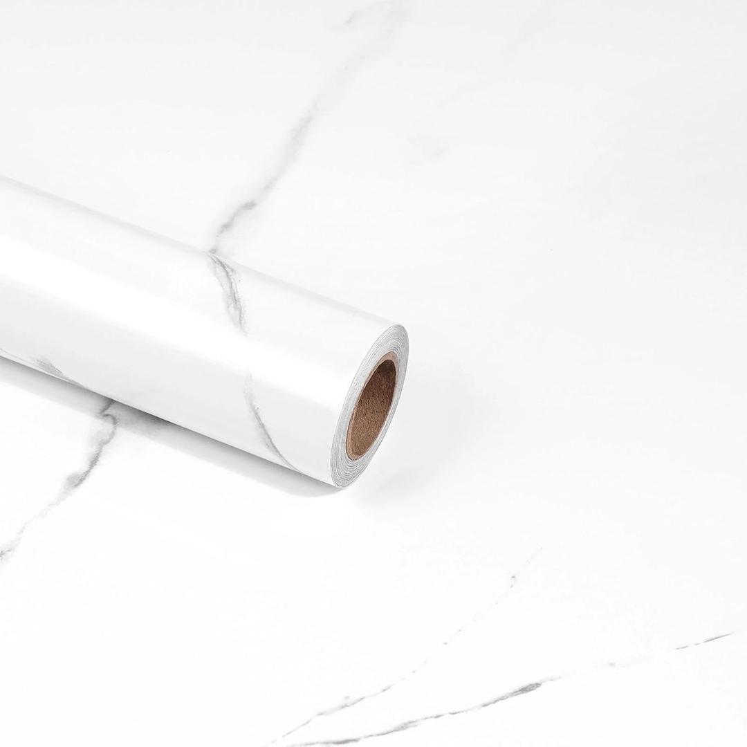 White Glossy Marble Contact Paper 23.6"X472.4" Peel and Stick Wallpaper