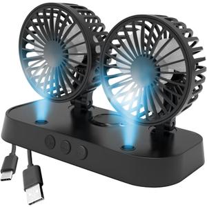 Car Fan, Portable USB Powered Dual Head Cooling Fan for Car, 360 Rotatable & 2 Speeds Adjustable & Mist Function, Powerful Air Circulation for Vehicle Truck SUV Jeep RV Boat, 12V, Medium