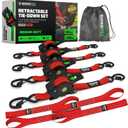 Rhino USA Retractable Ratchet Straps (4-Pack) - 1 Inch x 10 Feet (1,209lb Break Strength) - Heavy Duty Auto Self Retracting Tie Down Straps for Truck, Cargo Trailer, Motorcycle, Rad & More - Red