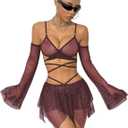 OYOANGLE Women's 2 Piece Mesh Sheer Criss Cross Crop Top and Asymmetrical Mini Skirt Party Rave Outfits Medium