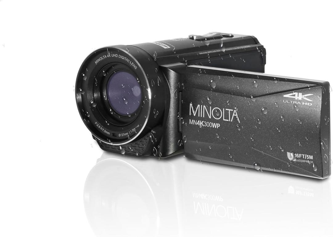 Minolta Waterproof Camcorder  4K Ultra HD Video, 56MP Photos, 18X Zoom, 3-inch LCD Screen, Time Lapse, Loop Recording, Photo Burst, Anti-Shake, Webcam Mode, HDMI/USB (Black)