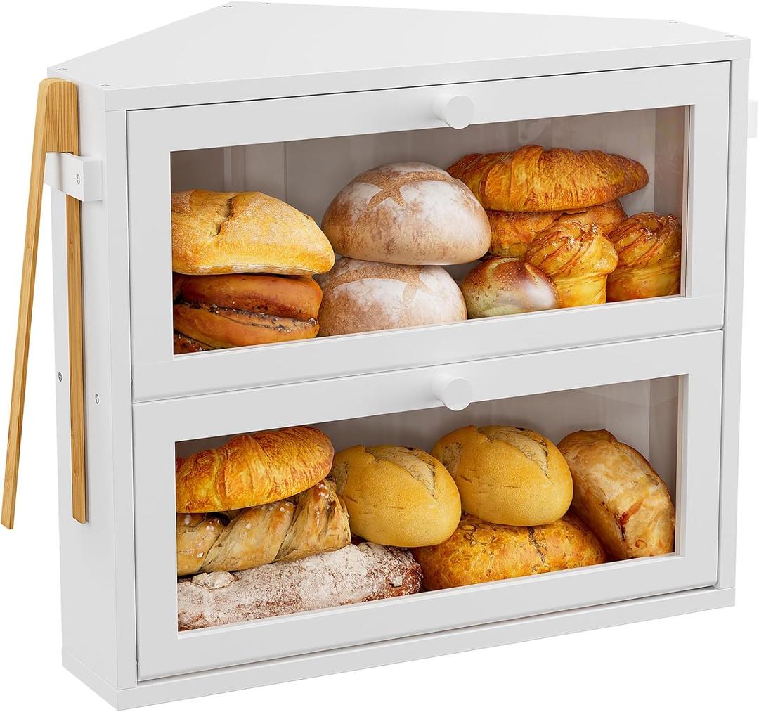 WOWLIVE Corner Bread Box for Kitchen Countertop, Large Double Layer Bread Storage Container for Homemade Bread, Black Bread Holder for Kitchen Counter, Under Cabinet Organizer (White, Medium)