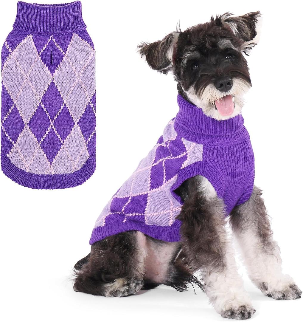 KOOLTAIL Small Dog Sweater, Knit Turtleneck Cold Weather Dog Sweaters for Medium Large Dogs,Soft Diamond Plaid Pullover Knitwear Pet Winter Warm Clothes,Pet Coat Puppy Sweater for Girls Boys,Purple S