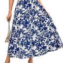 MSLG Women's Flowy Elastic High Waist Skirts Trendy Summer 2025 Boho Casual Beach Holiday Floral Print A Line Midi Skirt 802 (Blue White) Small
