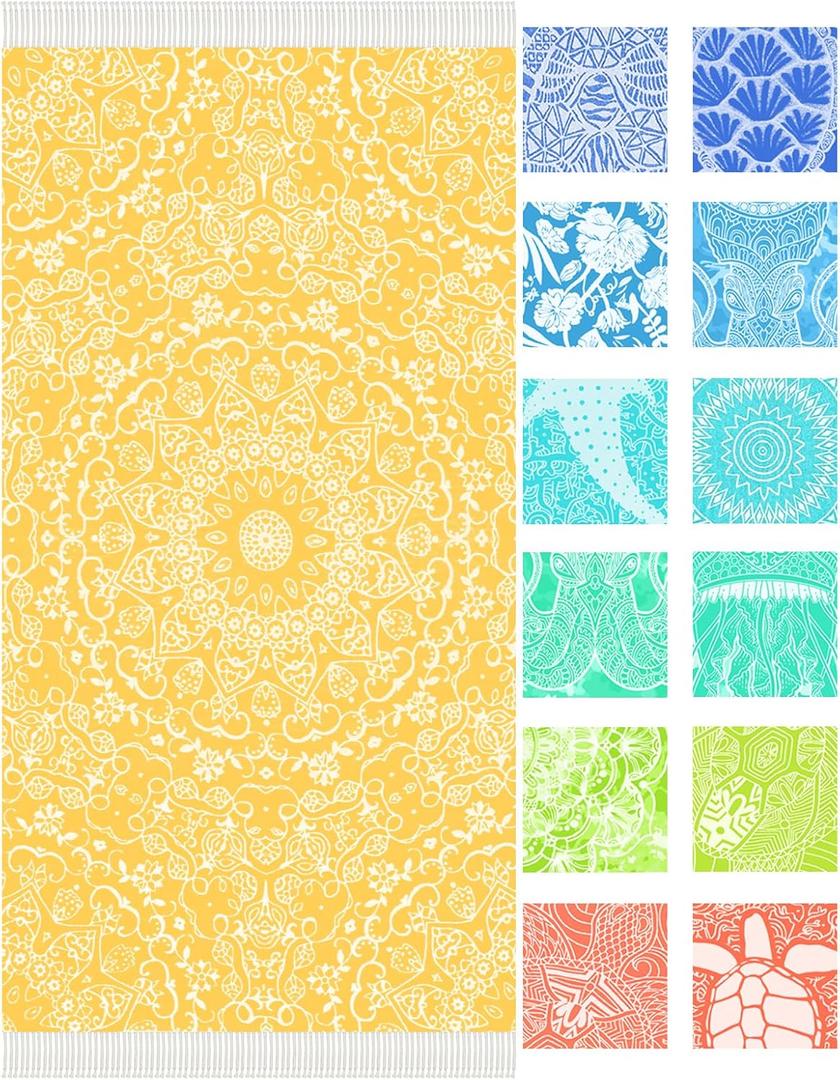 Thin Turkish Beach Towel Lightweight Soft Cotton Extra Large XL Oversized Sand Free Sandproof Absorbent Quick Dry Towels Cloud Bath Pool Travel Compact Essentials Accessories for Adult Gifts (Yellow Mandala Go)