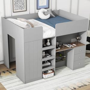 Ball & Cast Twin Size House Shape Loft Bed with Ladder & Safety Guardrail,Wooden Platform Bedframe W/Wardrobe & Under-Bed Play Space,Space-Saving,No Box Spring Needed,for Boy Girl Teens Bedroom,Grey