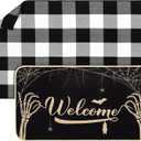 Dunzy 2 Pcs Halloween Doormat Outdoor Spooky Skull Welcome Mat 17"x30" & Black White Plaid Entrance Rug 28"x43" for Front Door Porch Non Slip Floor Mat Layered for Indoor Outside Entryway Decor