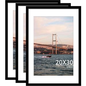 20x30 Picture Frame Black Set of 3, Display Pictures 16x24 with Mat or 20 x 30 Without Mat, Poster Frames 20x30 for Wall Hanging Horizontal and Vertical