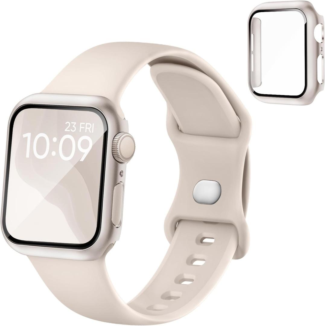 Adorique 3-in-1 for Apple Watch Band 40mm 41mm with Case & Screen Protector, Silicone Sport Band and Protective Cover with 9H Tempered Glass for iWatch Series SE 9 8 7 6 5 4 3, Starlight