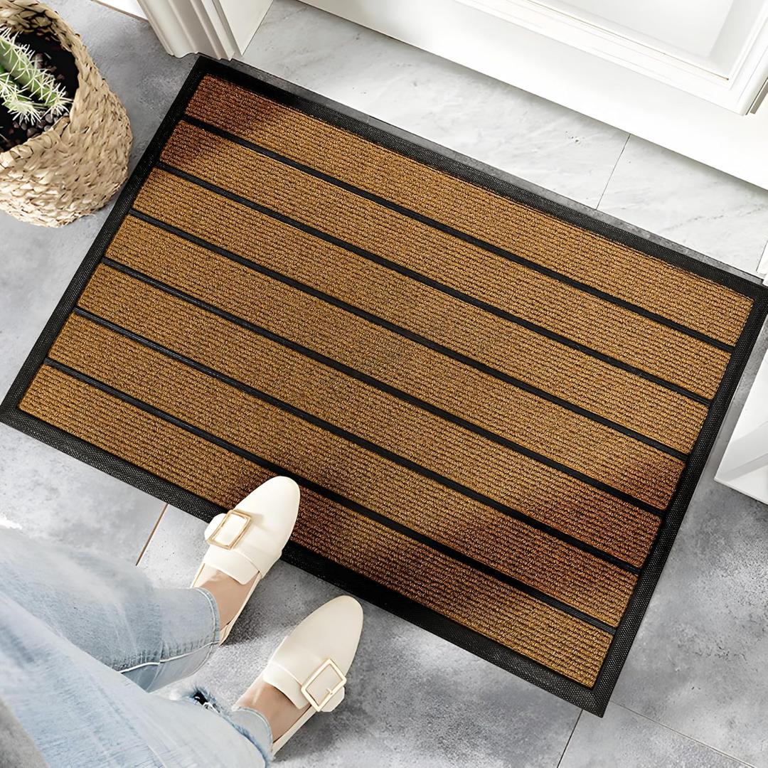 Front Door Mat for Outdoor Entrance: All Weather Durable Welcome Mat for Indoor Entryway, Patio, Garage, Porch - Thin Absorbent Dirt Trapper Doormat - Weatherproof, Easy to Clean - 30" x 17", Brown