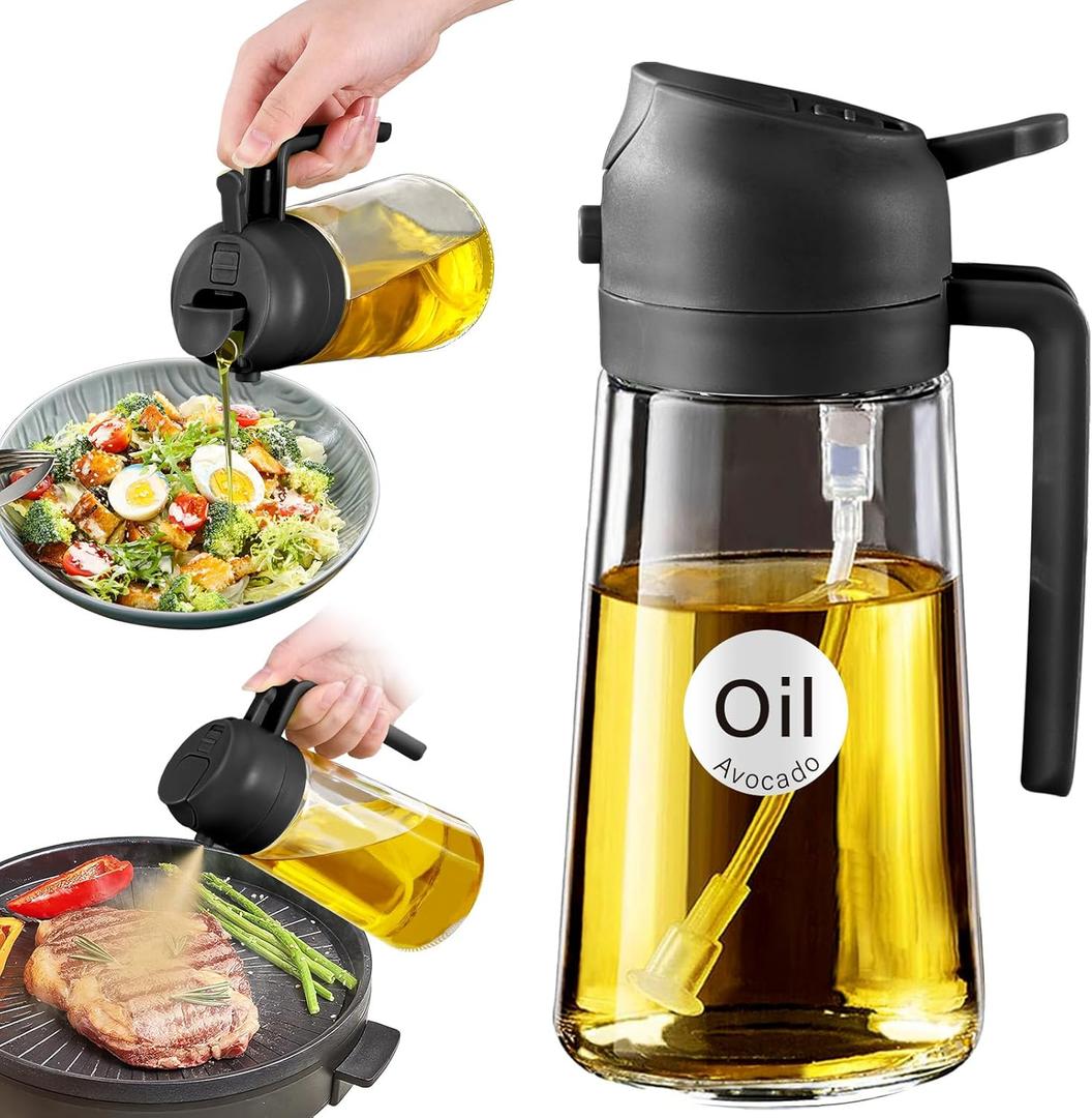 YARRAMATE 16oz/ 470ml Glass Olive Oil Sprayer for Cooking with Stickers, 2 in 1 Oil Dispenser for Kitchen Gadgets, Food Grade Premium Spray Bottle with Portion Control for Salad, Frying, BBQ (Black)