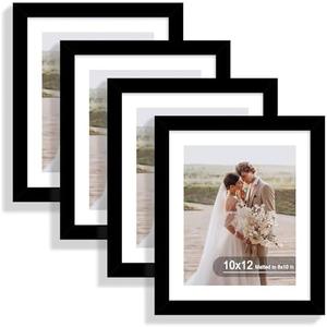 Hongkee 10x12 Picture Frame Set of 4, Made of Real Glass and Black Frame - Display Picture 8x10 with Mat or 10x12 Without Mat, 10 by 12 Photo for Wall Mounting